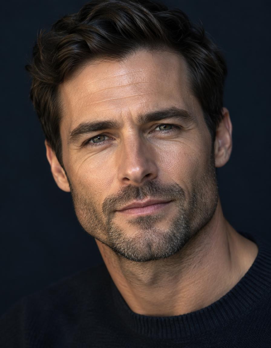 Close-up portrait of a man in his late thirties with natural skin texture